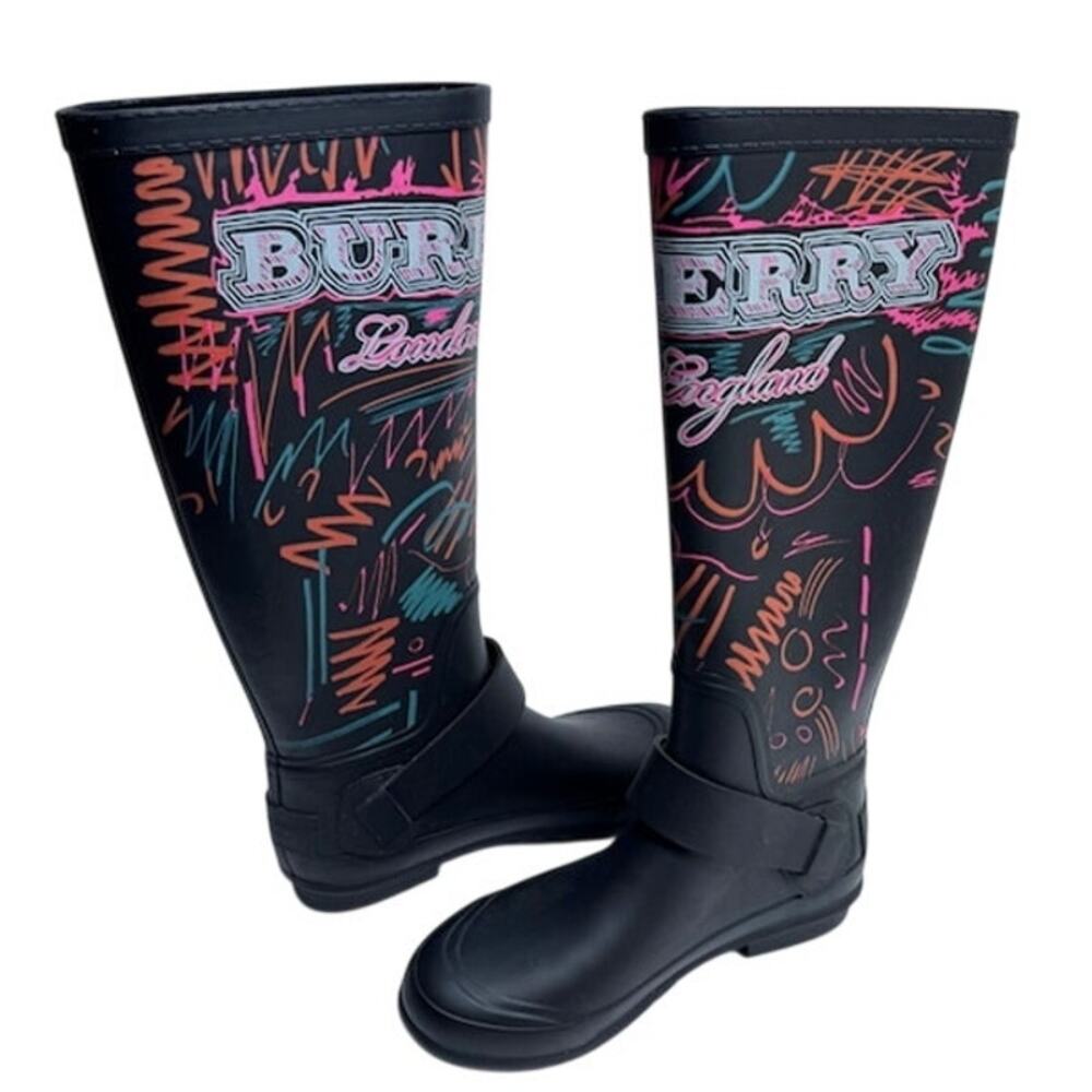 Burberry NWOT Black 20mm Pip Field Doodle Graffiti Rubber Rain Boots Size 35